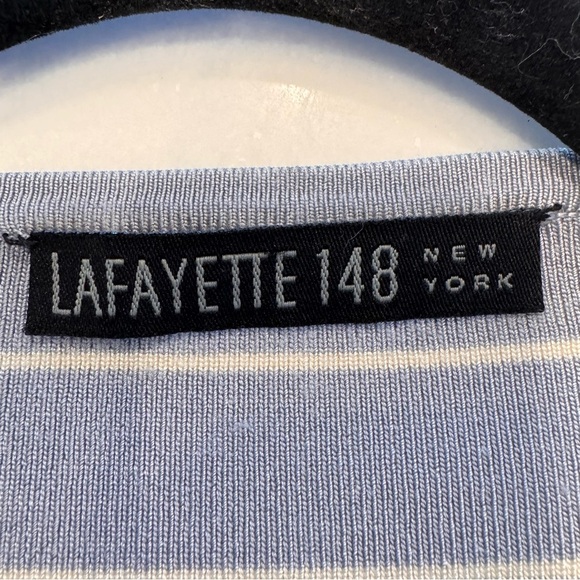 Lafayette 148 Silk Blend Slate Blue Striped Open Front Knit Cardigan Sz M - Picture 3 of 9